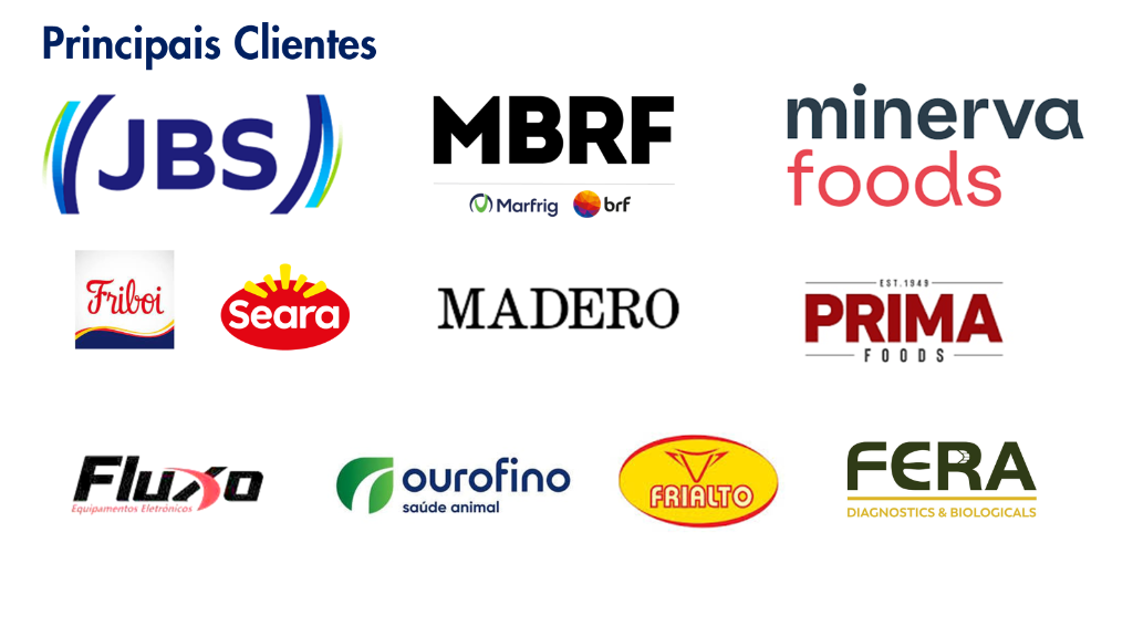Principais Clientes - JBS, MBRF, Minerva Foods, Friboi, Seara, Madero, Prima Foods, Frialto, Fluxo, Ourofino, Fera
